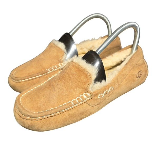 UGG Shoes - UGG Ansley Chestnut Suede Sheepskin Lined Moccasin Slippers Womens Loafers